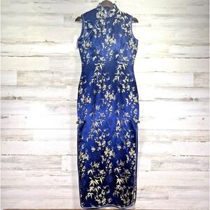 Classic Blue Floral Silk Cheongsam Qipao